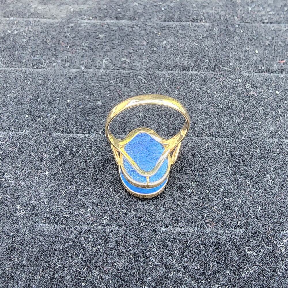 Vintage 14K Yellow Gold Lapis Lazuli Cabochon Sculptural Figural Overlay Ring - Picture 3 of 11